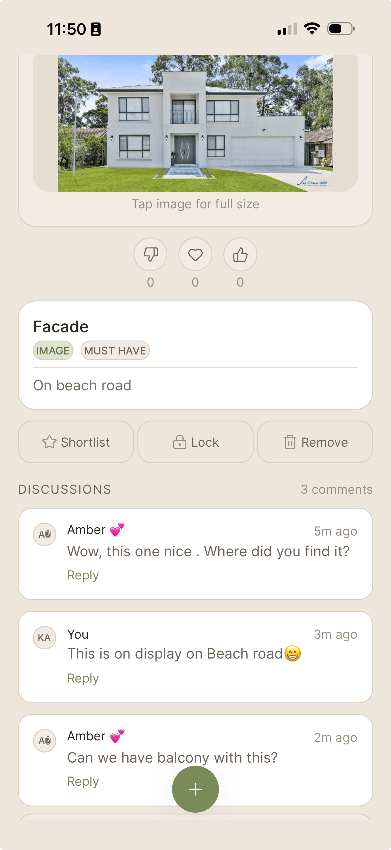 Collaboration screen with comments on a home idea
