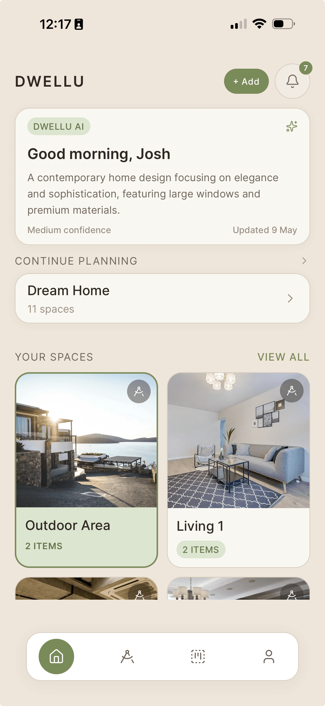 Dwellu app showing project overview and spaces